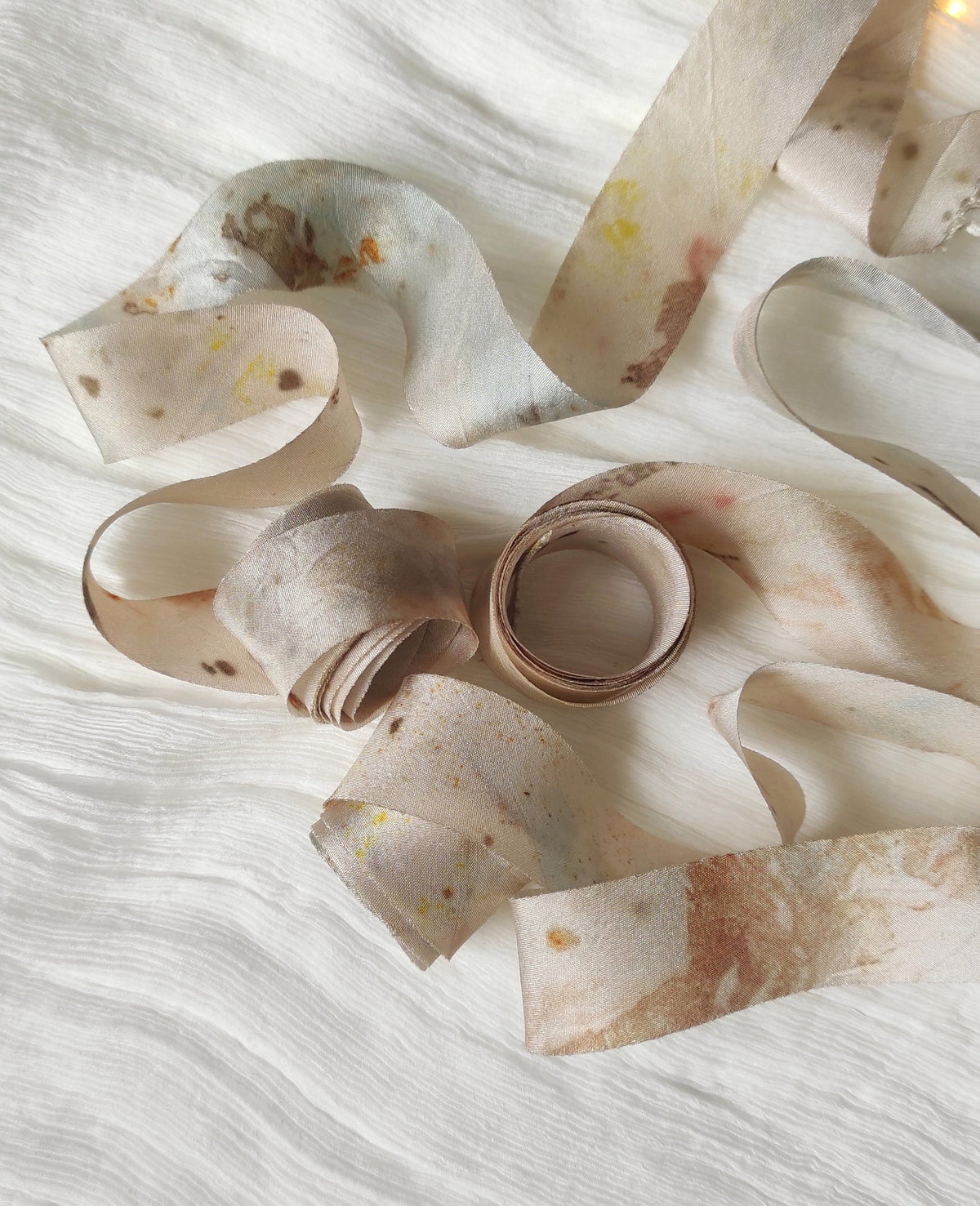 Botanical Print Habotai Silk Ribbon, Hand Dyed Earth Tones, Eco-Friendly Boho Wedding Decor Ribbon