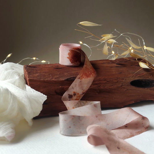 Hand Dyed Organic Silk Ribbon, Botanical Print Dusty Mauve, Thin Ribbon for gift