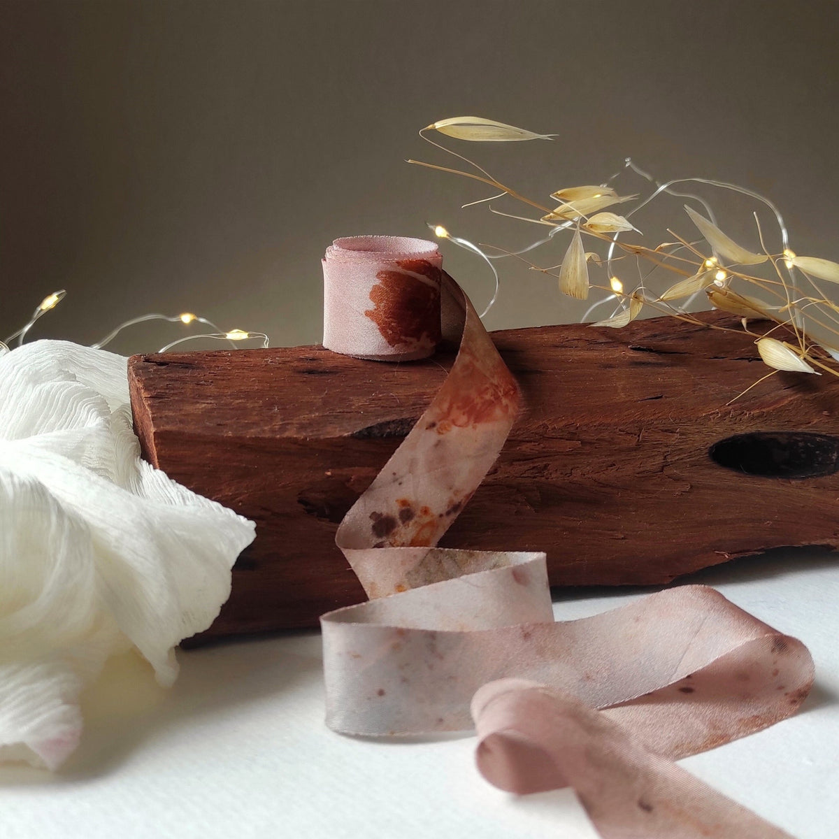 Eco-Print Silk Ribbon: Hand-Dyed Botanical Mauve Habotai Silk