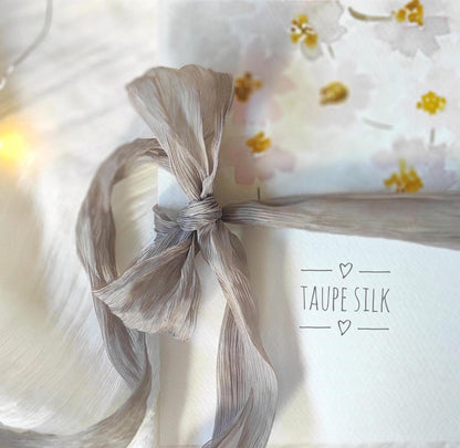 Hand dyed crinkle silk ribbon, Taupe brown plant based dye, Boho Wedding organic ribbon