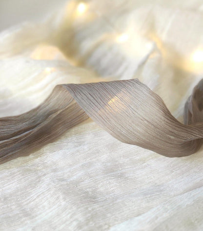 Hand dyed crinkle silk ribbon, Taupe brown plant based dye, Boho Wedding organic ribbon