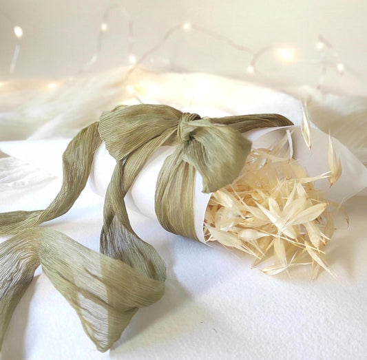 Hand Dyed Crinkled Silk Ribbon, Green Plant Dyed, Organic Wedding Decor