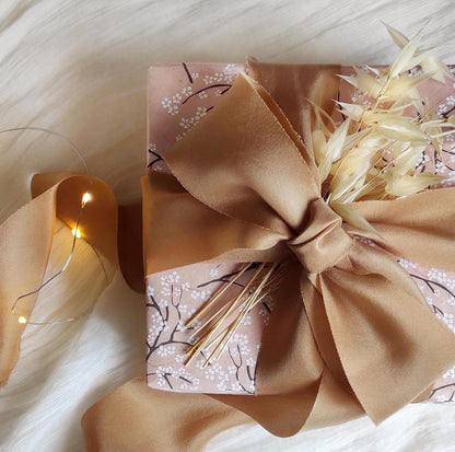 Handmade Terracotta Silk Ribbon, Naturally Dyed organic ribbon, Raw edge eco-friendly bouquet ribbon