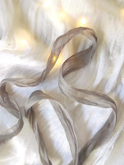 Hand dyed crinkle silk ribbon, Taupe brown plant based dye, Boho Wedding organic ribbon