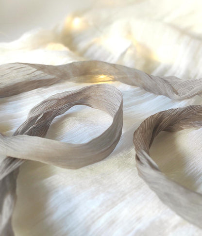 Hand dyed crinkle silk ribbon, Taupe brown plant based dye, Boho Wedding organic ribbon