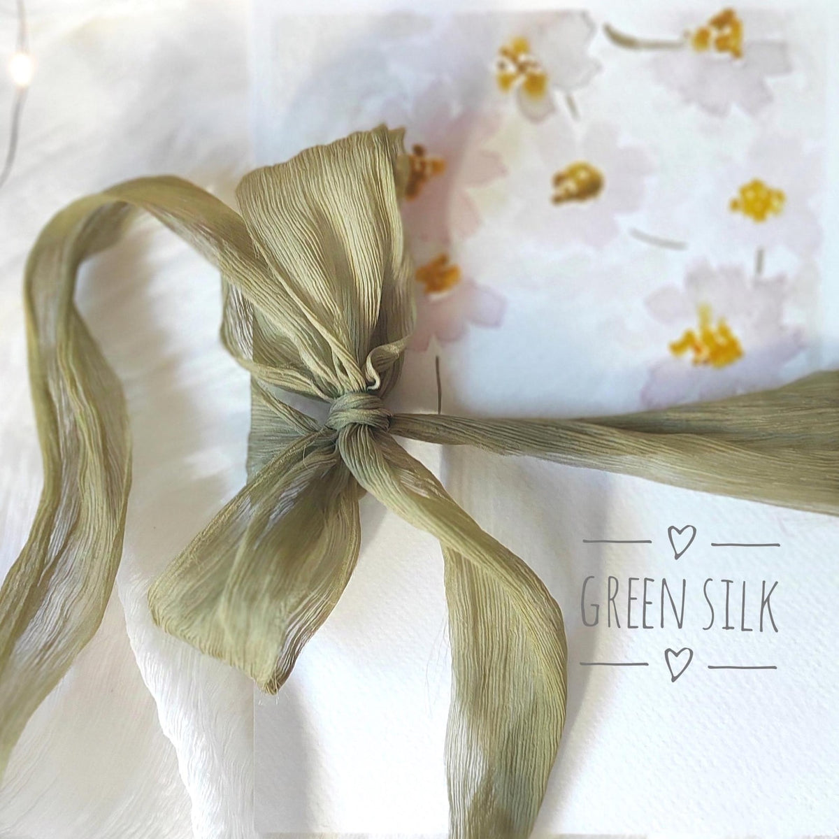 Hand Dyed Crinkled Silk Ribbon, Green Plant Dyed, Organic Wedding Decor