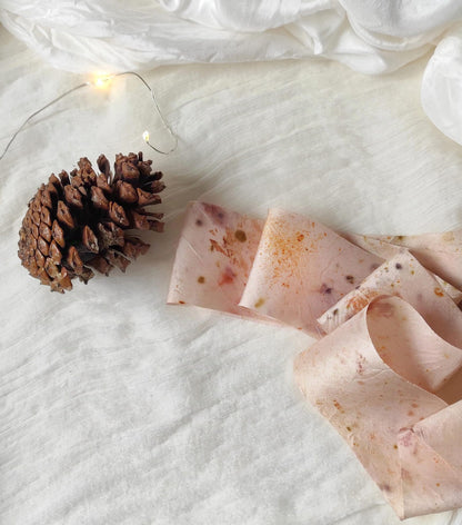 Hand dyed pink silk ribbon, Botanical Print organic ribbon, Eco-Friendly wide ribbon for summer