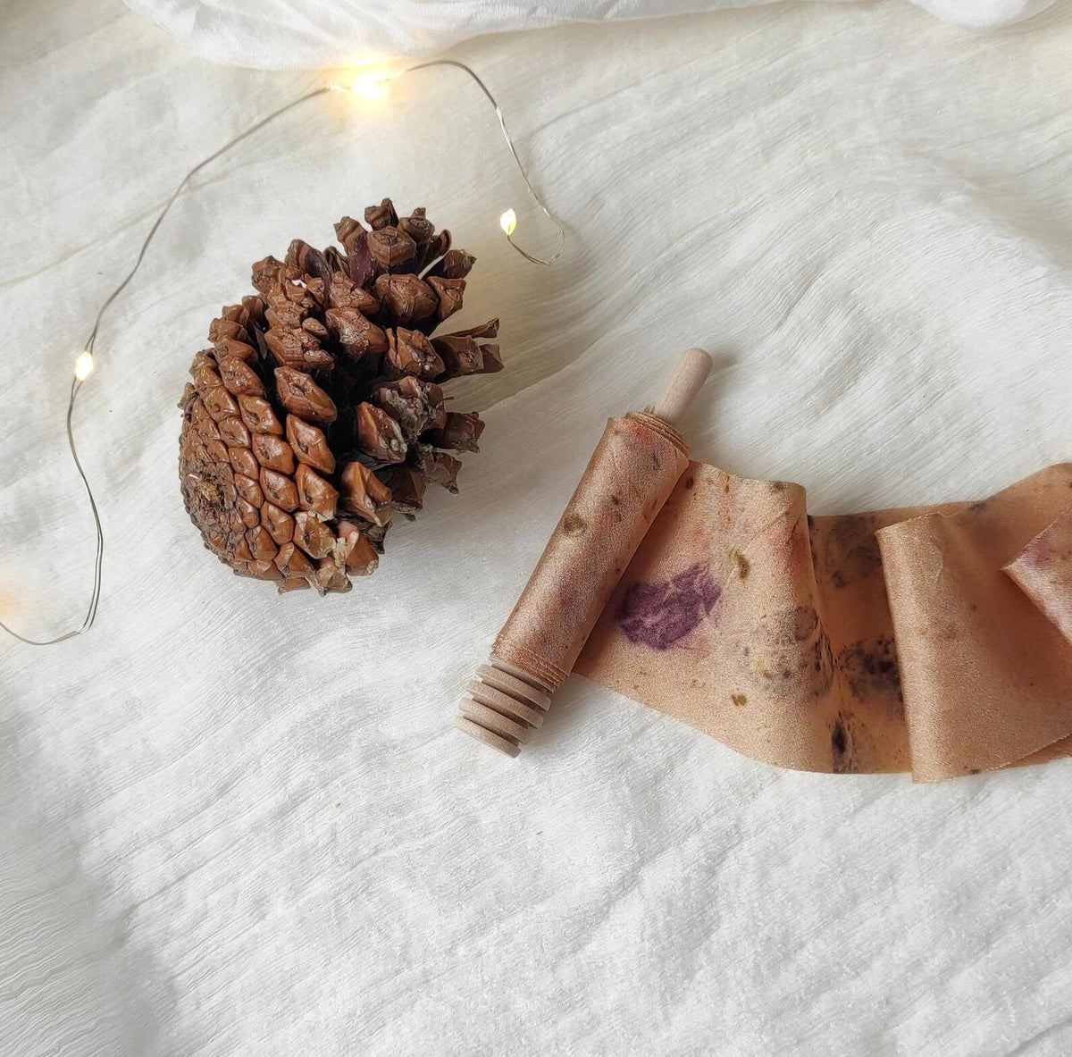 Botanical print silk ribbon, Earth Tone organic ribbon, Plant dyed habotai silk ribbon for wedding