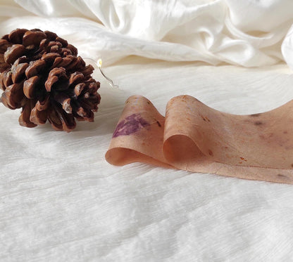 Botanical print silk ribbon, Earth Tone organic ribbon, Plant dyed habotai silk ribbon for wedding