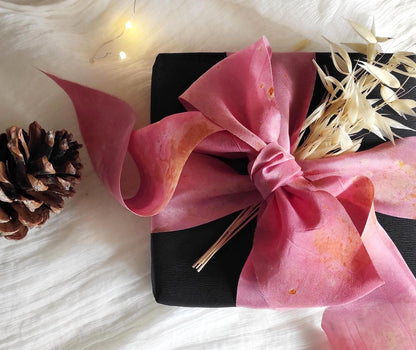 Botanical Print Silk Ribbon, Wide sustainable ribbon in pink, Plant dyed organic ribbon for gift