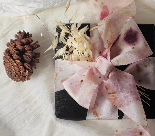 Organic silk ribbon, Botanical print natural ribbon, Boho wide ribbon for wedding decor