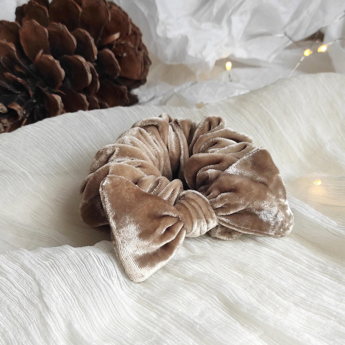 Hand-Dyed Silk Velvet Scrunchie with Bow, Natural Pigment Hair Tie