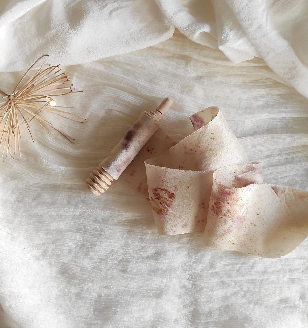 Botanical print silk ribbon, Neutral plant dyed habotai organic ribbon, Eco-friendly leaf print ribbon for gift