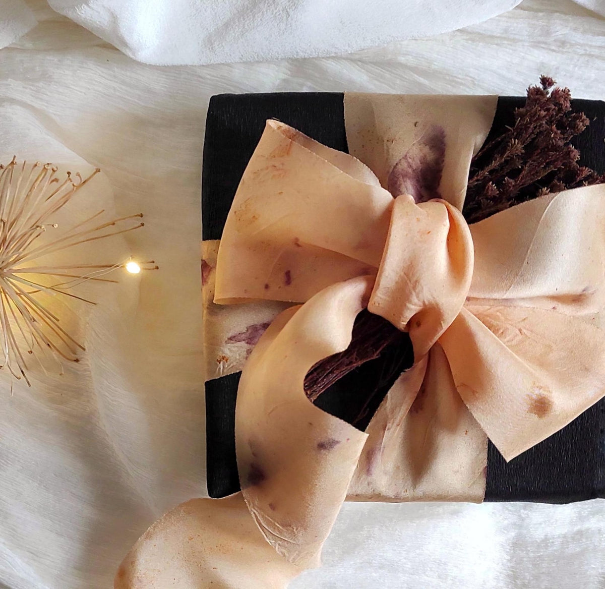 Hand Dyed Silk Ribbon, Natural Floral Print, Orange Habotai Silk ribbon