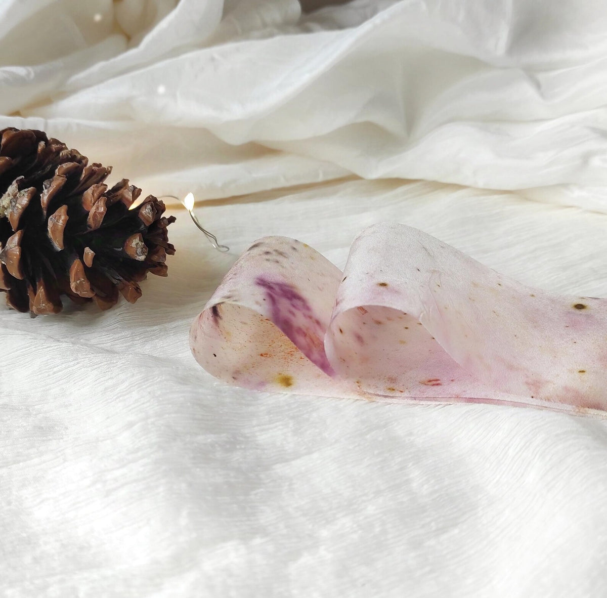 Botanical print silk ribbon, Light Rose Dyed sustainable ribbon, Eco-Friendly wide ribbon gift wrap