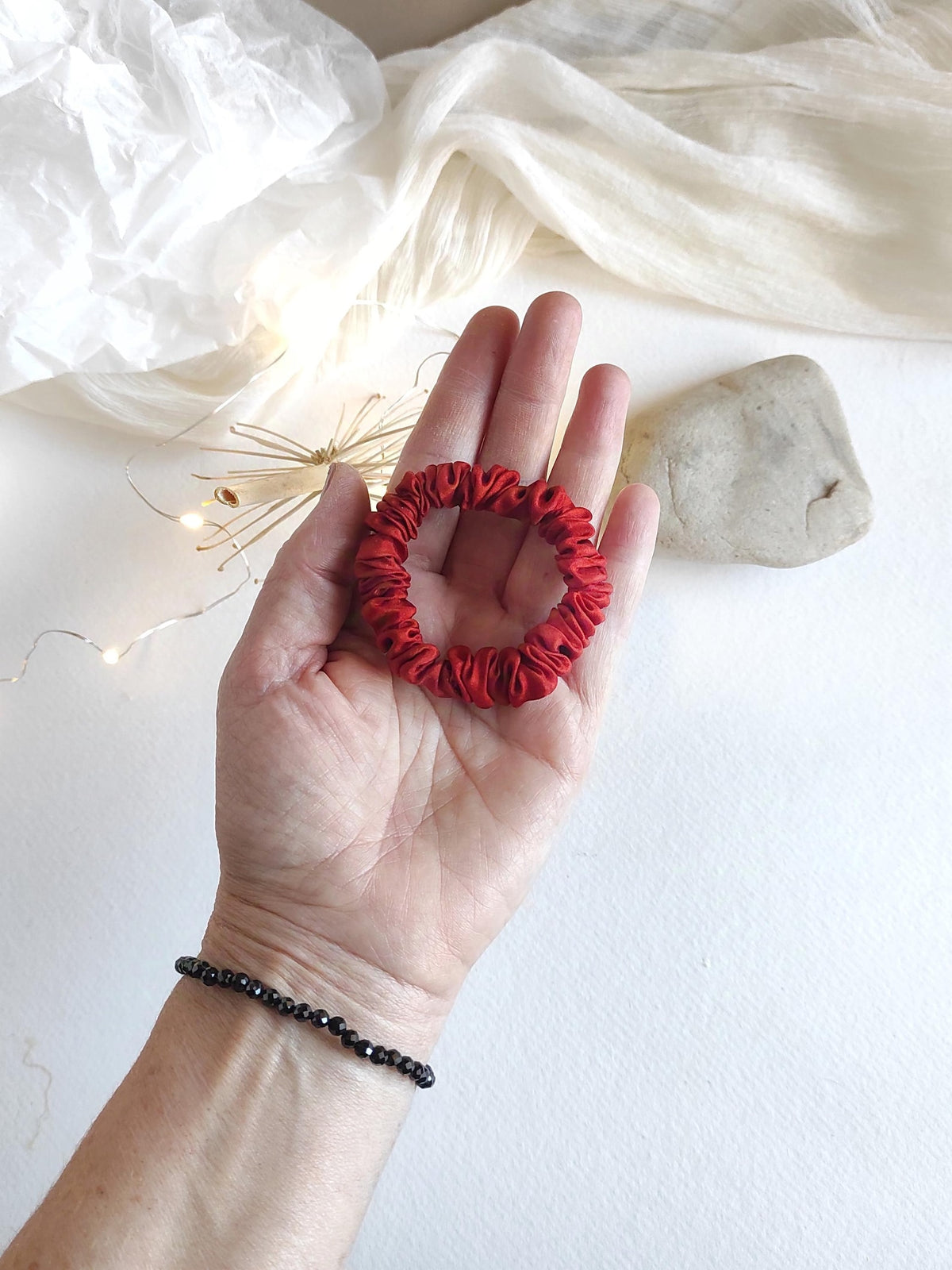 Red silk scrunchie, Eco plant-dyed natural hair tie, Organic elastic for winter gift