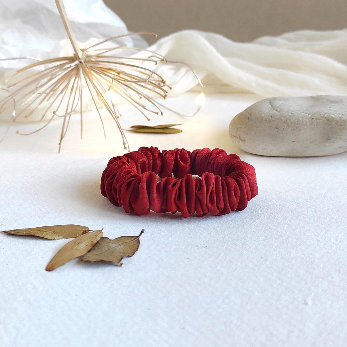 Red silk scrunchie, Eco plant-dyed natural hair tie, Organic elastic for winter gift