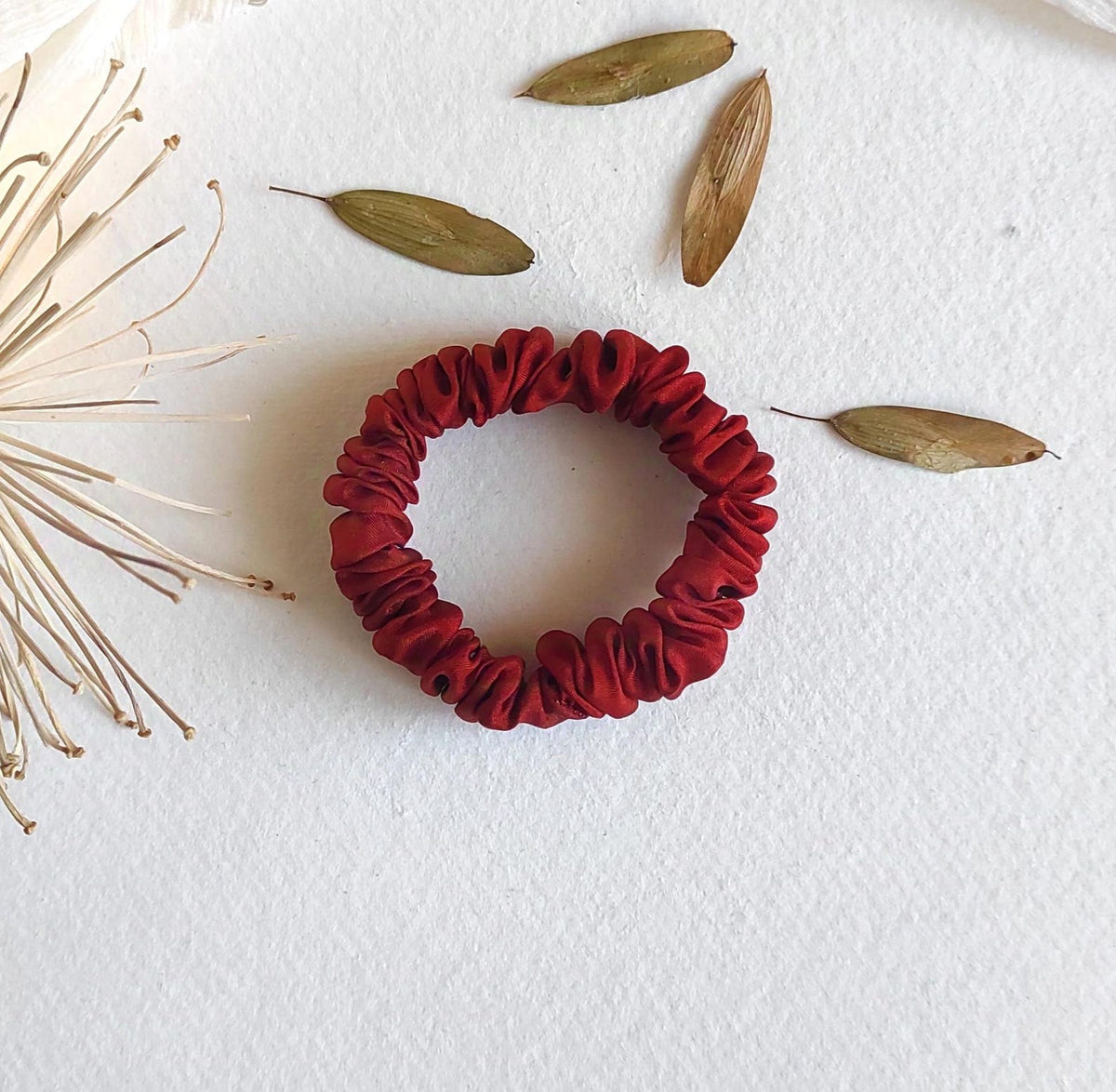 Red silk scrunchie, Eco plant-dyed natural hair tie, Organic elastic for winter gift