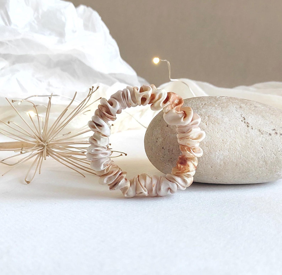 Eco Print Silk Scrunchie, Organic Mulberry Silk Hair Tie, Hair elstic for spring
