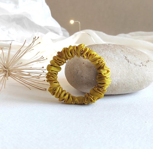 Ochre Scrunchie, Hand-Dyed Leaf Print Hair Tie, Organic Silk Elastic