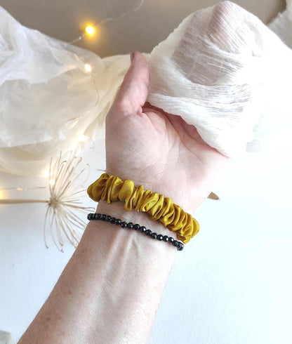 Ochre Scrunchie, Hand-Dyed Leaf Print Hair Tie, Organic Silk Elastic
