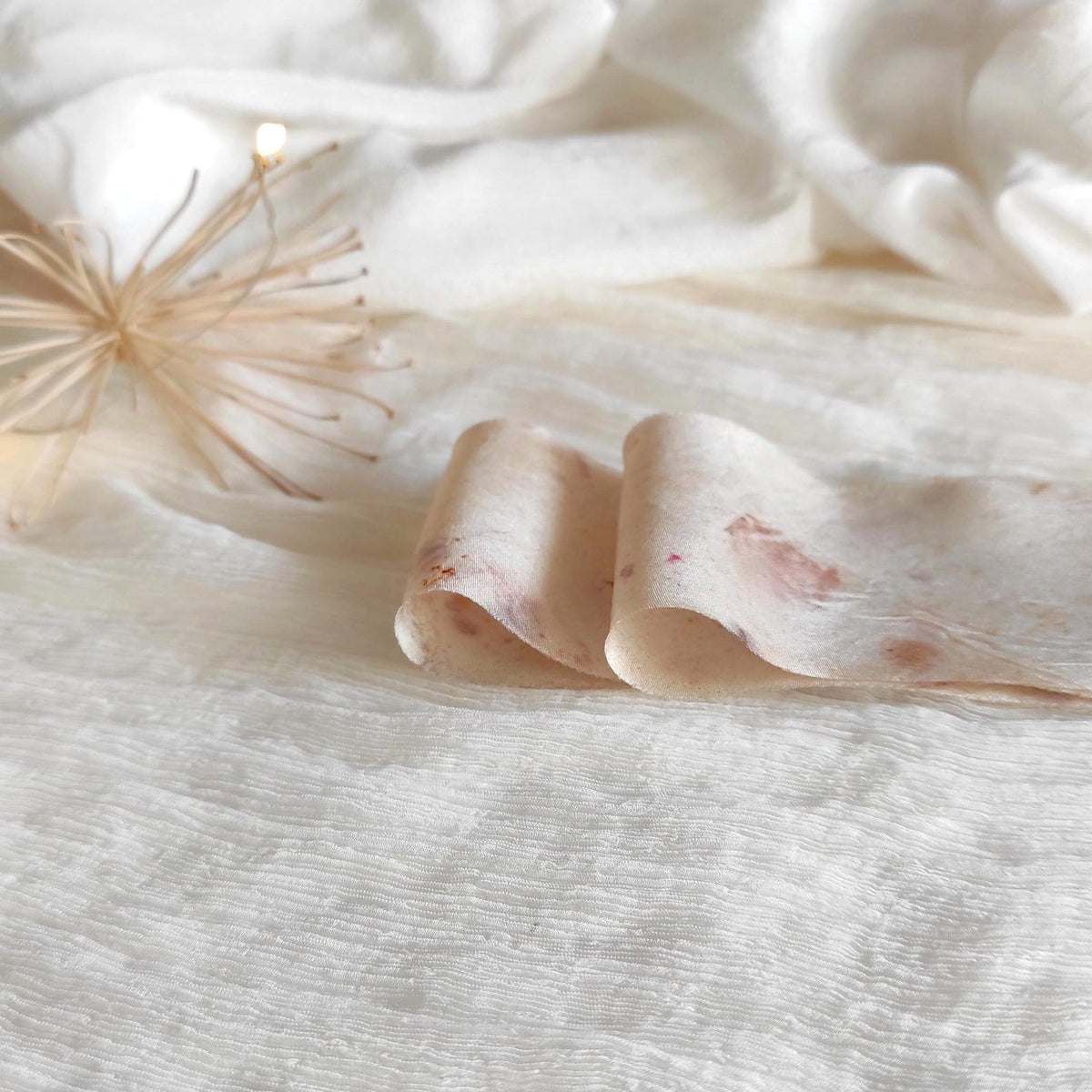 Botanical print silk ribbon, Neutral plant dyed habotai organic ribbon, Eco-friendly leaf print ribbon for gift