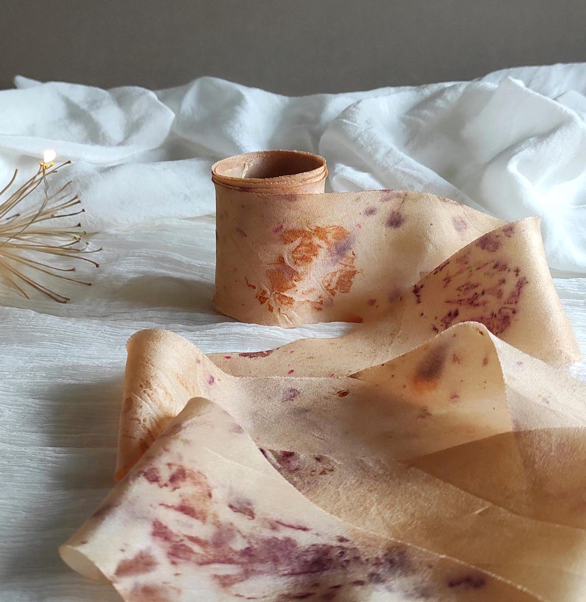 Botanical Eco Print Silk Ribbon, Peach Habotai Silk, Raw Edge