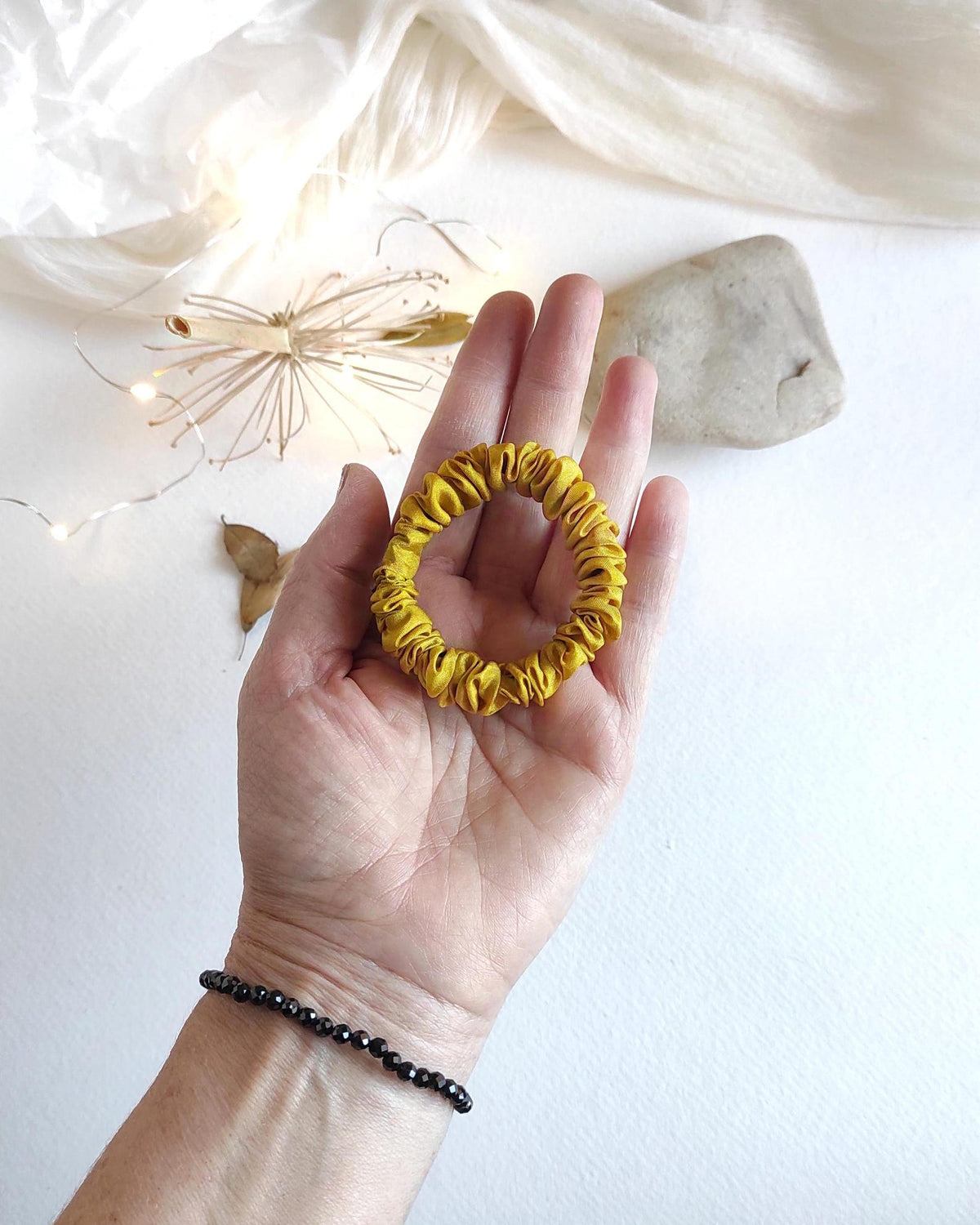 Ochre Scrunchie, Hand-Dyed Leaf Print Hair Tie, Organic Silk Elastic