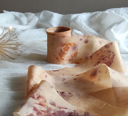 Hand Dyed Silk Ribbon, Natural Floral Print, Orange Habotai Silk ribbon