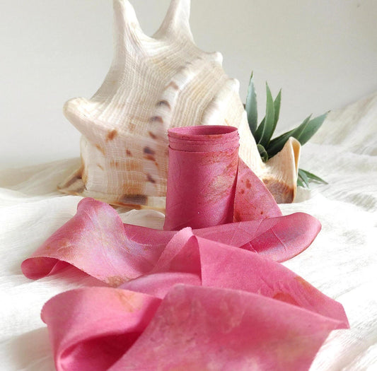 Hand dyed pink silk ribbon, Botanical print organic ribbon, Boho wedding decor ribbon