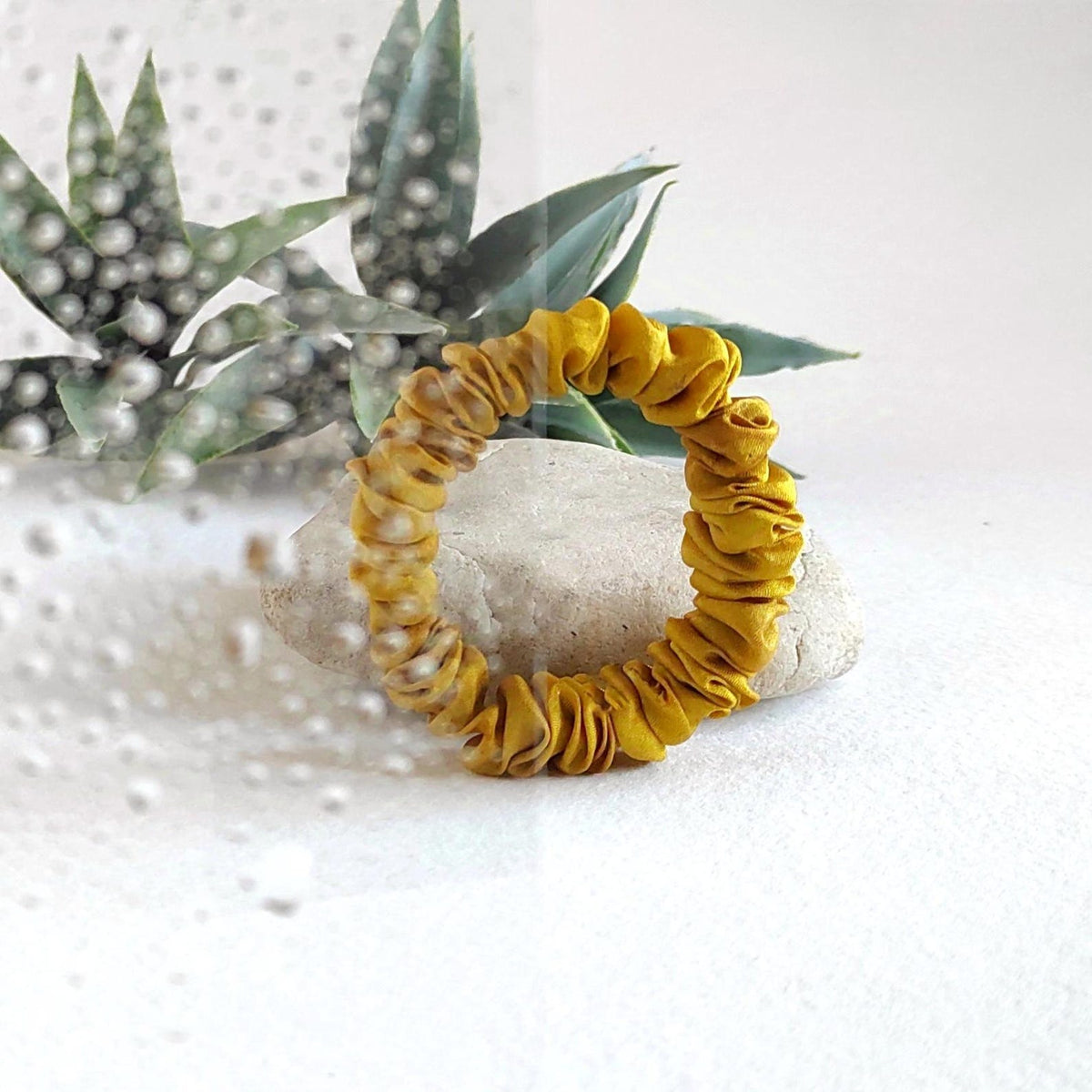 Ochre Scrunchie, Hand-Dyed Leaf Print Hair Tie, Organic Silk Elastic