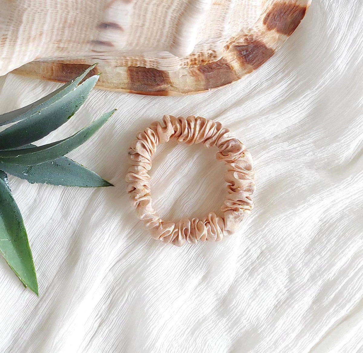 Botanical Dyed Silk Scrunchie, Light Orange Leaf Print Hair Tie