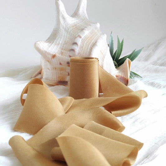 Bronze wide silk ribbon, Botanical Dyed organic ribbon, Raw edge eco-friendly ribbon for Bridal Bouquet