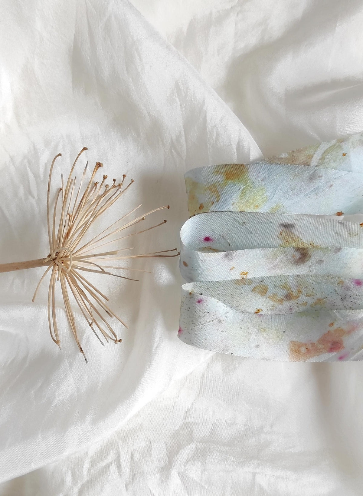Hand-Dyed Botanical Print Silk Ribbon, Light Blue Floral Habotai