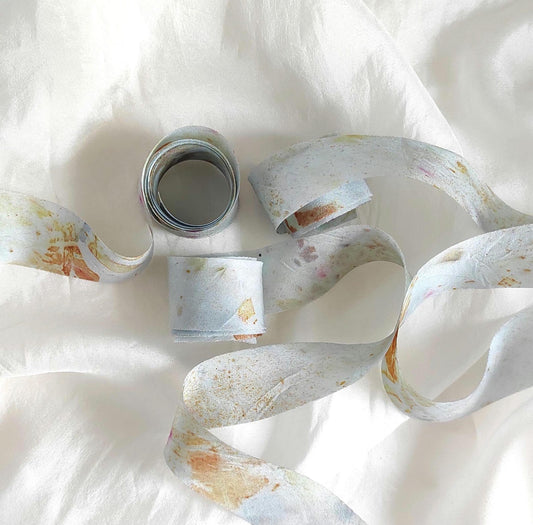 Hand-Dyed Botanical Print Silk Ribbon, Light Blue Floral Habotai