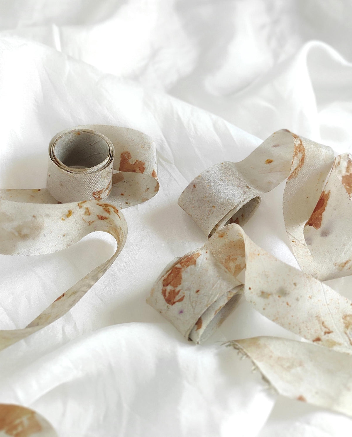 Botanical Print Silk Ribbon, Eco-Dyed Habotai ribbon, Light Brown ribbon