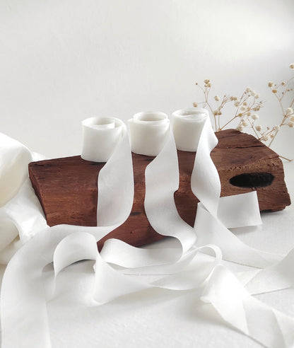 Handmade Organic White Silk Ribbon, Bias Cut Bridal Ribbon