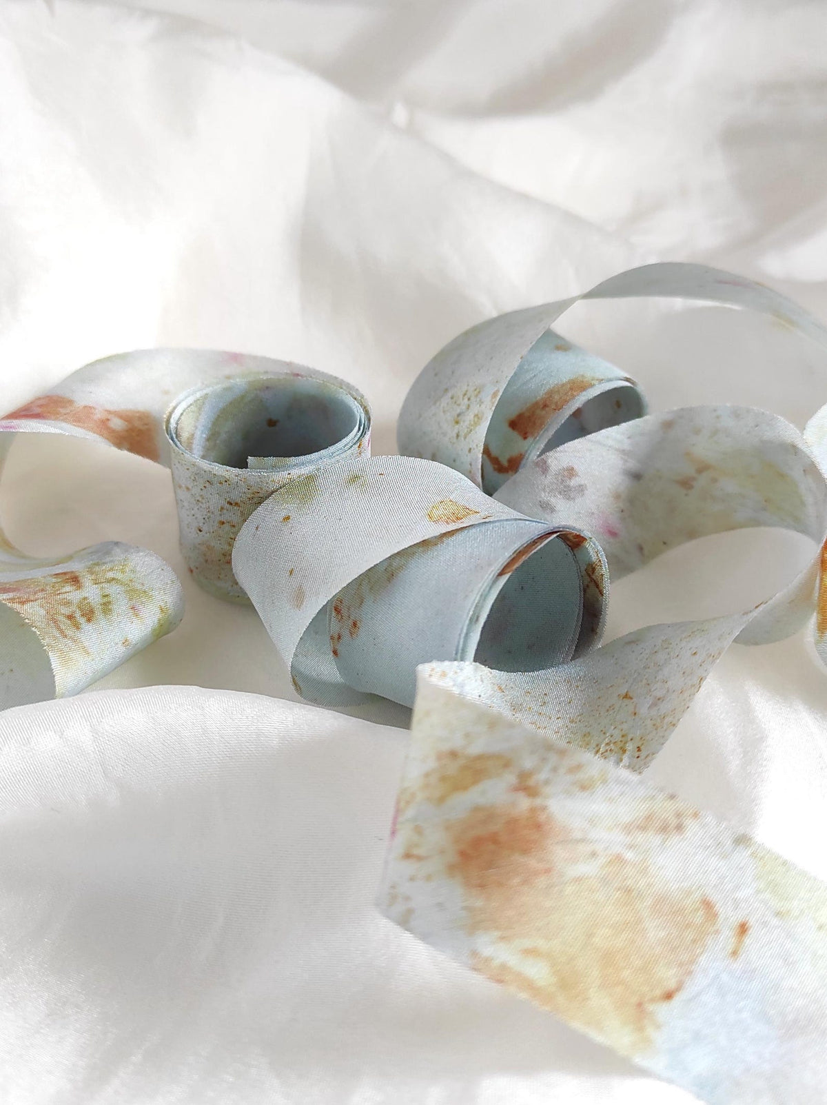 Hand-Dyed Botanical Print Silk Ribbon, Light Blue Floral Habotai