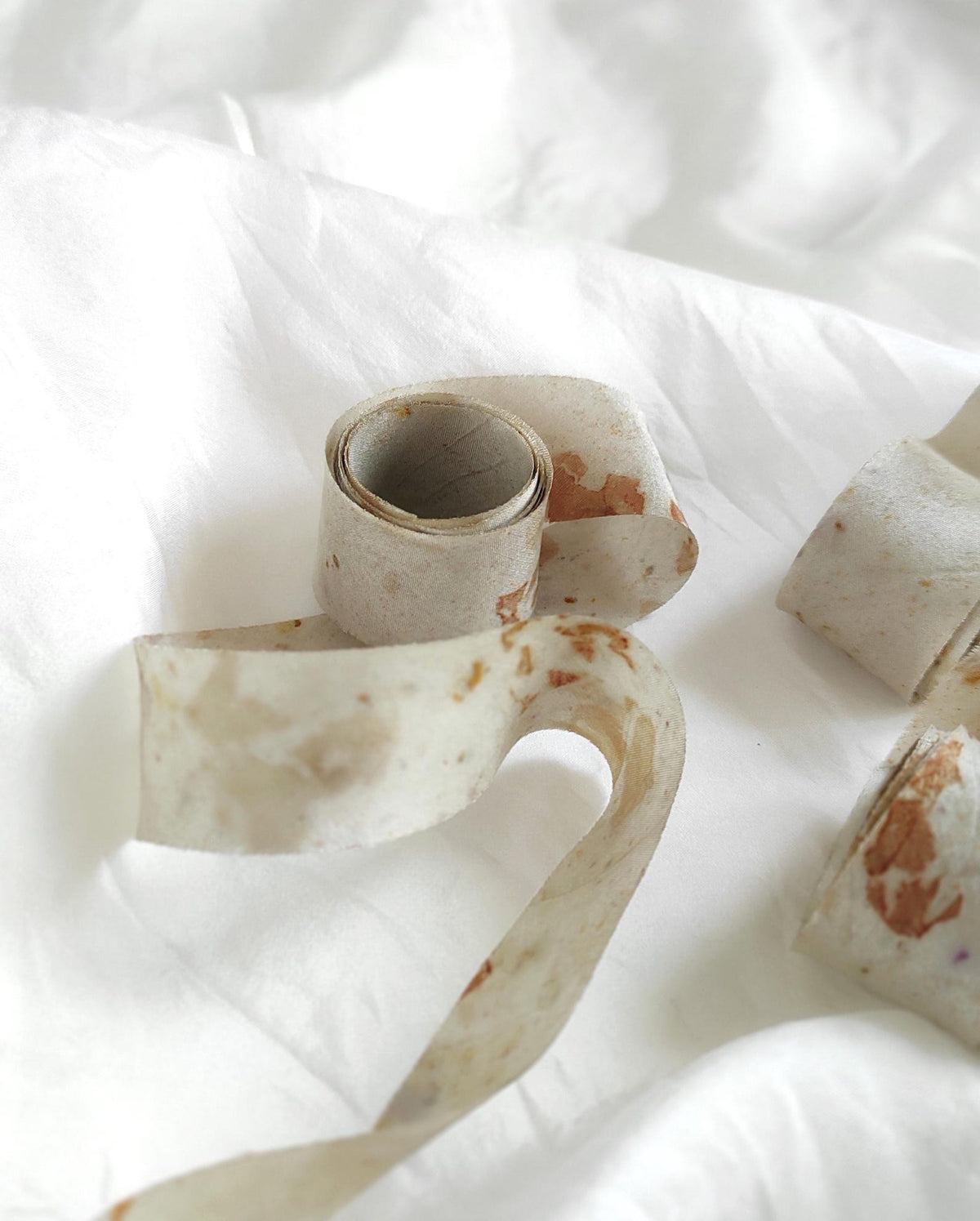 Natural Print Silk Ribbon Set, Light Brown Tones, Hand-Dyed Habotai Silk