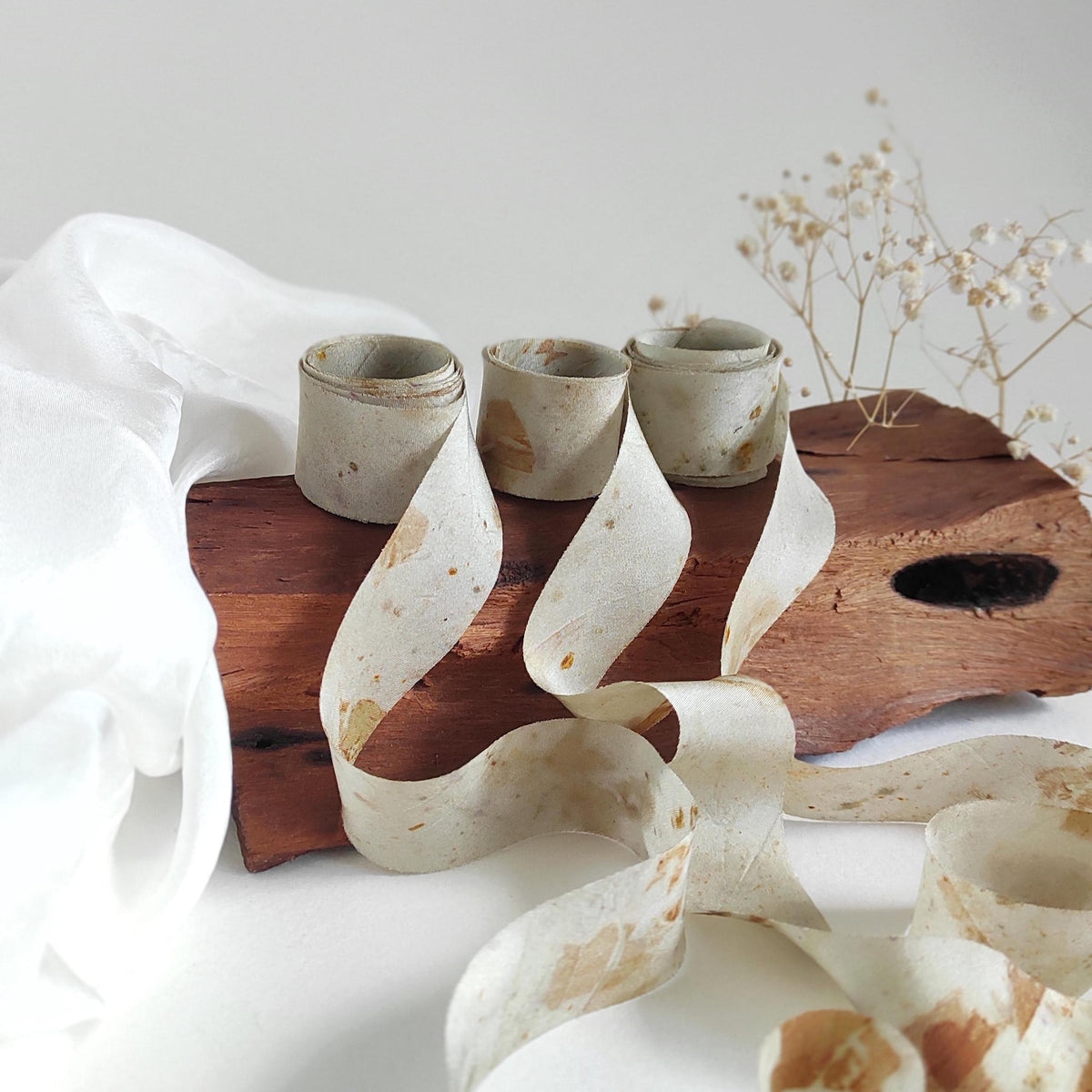 Natural Print Silk Ribbon Set, Light Brown Tones, Hand-Dyed Habotai Silk