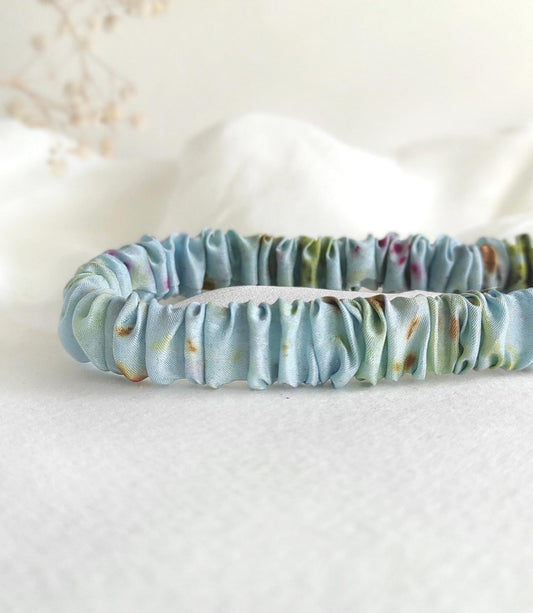 Indigo blue dyed silk headband, Pleated boho hair band, Thin organic silk elastic