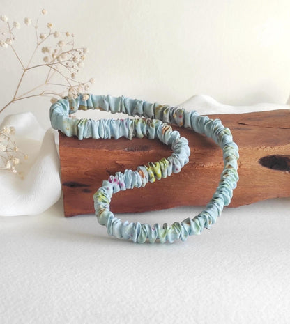 Indigo blue dyed silk headband, Pleated boho hair band, Thin organic silk elastic