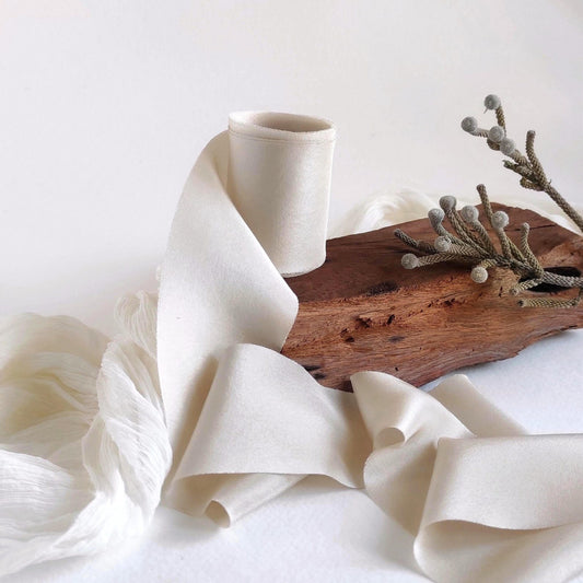 Plant-dyed mulberry silk ribbon, Antique White organic ribbon for wrapping gift, Boho wedding decor ribbon
