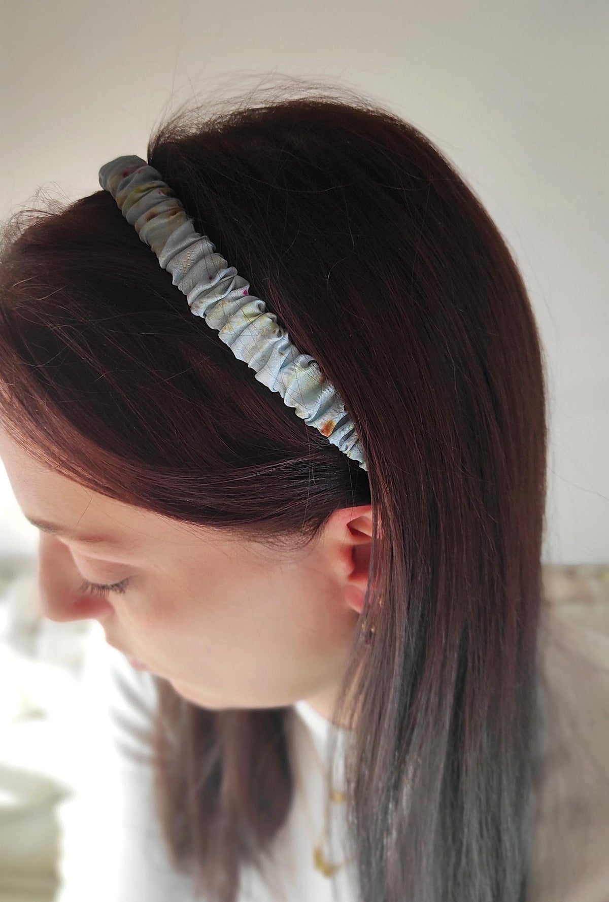 Indigo blue dyed silk headband, Pleated boho hair band, Thin organic silk elastic