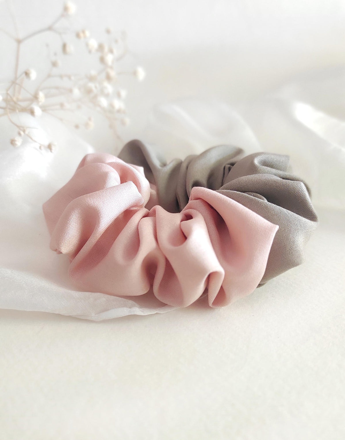 Plant-dyed silk scrunchie, Pink & taupe hair tie, Natural dyed elastic for sister gift