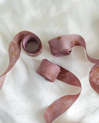 Hand-Dyed Mulberry Silk Ribbon, Botanical Print, Purple Tone, Sustainable Bouquet Ribbon