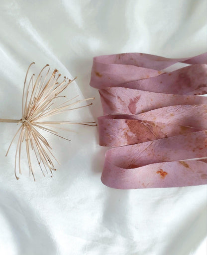 Hand-Dyed Mulberry Silk Ribbon, Botanical Print, Purple Tone, Sustainable Bouquet Ribbon