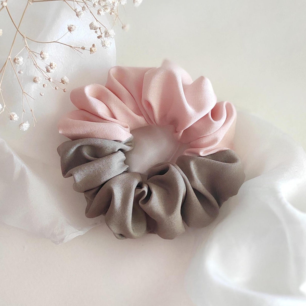 Plant-dyed silk scrunchie, Pink & taupe hair tie, Natural dyed elastic for sister gift