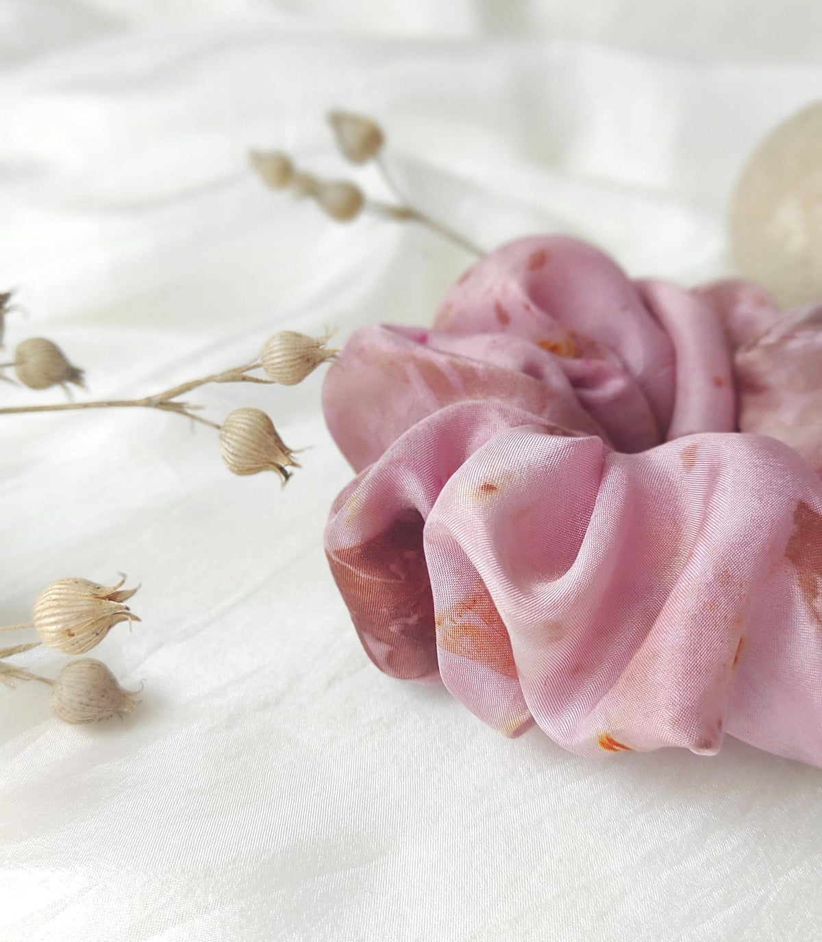 Mauve silk hair scrunchie, Botanical print hair tie, Plant-dyed hair elastic for mom