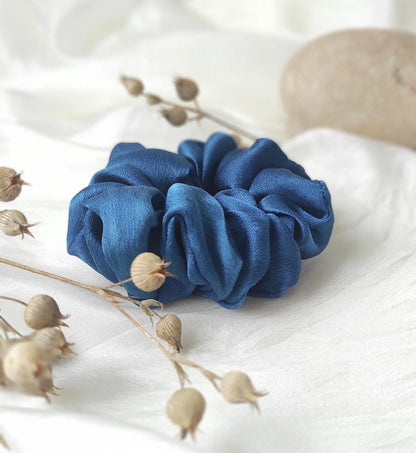 Indigo blue silk scrunchie, Hand-dyed botanical hair tie, Plant dyed hair elastic for curly hair